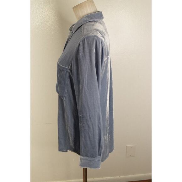 Eileen Fisher Shirt Womens Petite Purple Velvet Collar Button Front Light Blue - Picture 2 of 5